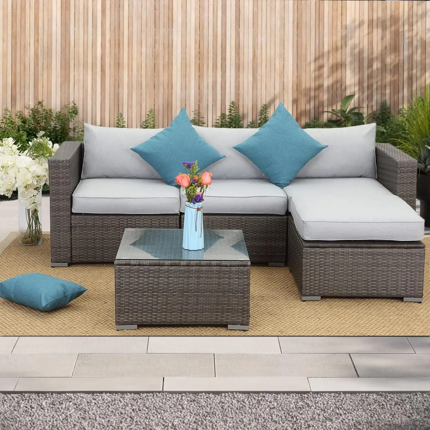 Patio Furniture Set, Outdoor Sectional Sofa with Glass Coffee Table, Wicker Rattan PatioSet with Ottoman for Balcony, Backyard