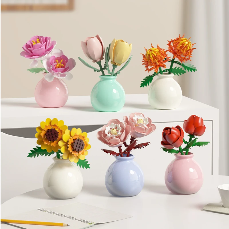 

DIY Creative Flower Building Blocks with Vase Rose Tulip Sunflower Simulation Potted Bouquet Home Decor Educational Girls Gift