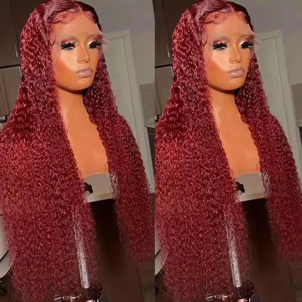 250% 13x4Hd شفافة موجة عميقة شعر مستعار أمامي ملون 99j بورجوندي عميق مجعد الدانتيل الجبهة خصلات الشعر المستعار الإنسان قبل قطعها للنساء