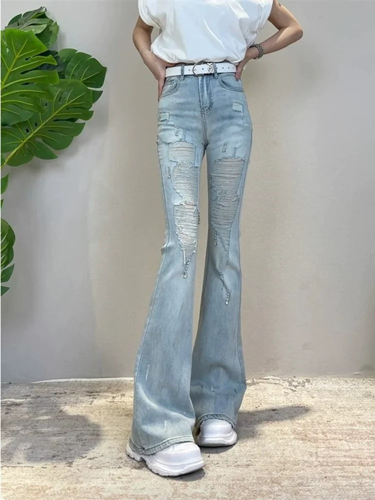 ハイウエストファッションリッピングブーツカットジーンズ女性のカジュアルスリムレトロデニムパンツヴィンテージストリートワイドレッグストレート Vaqueros