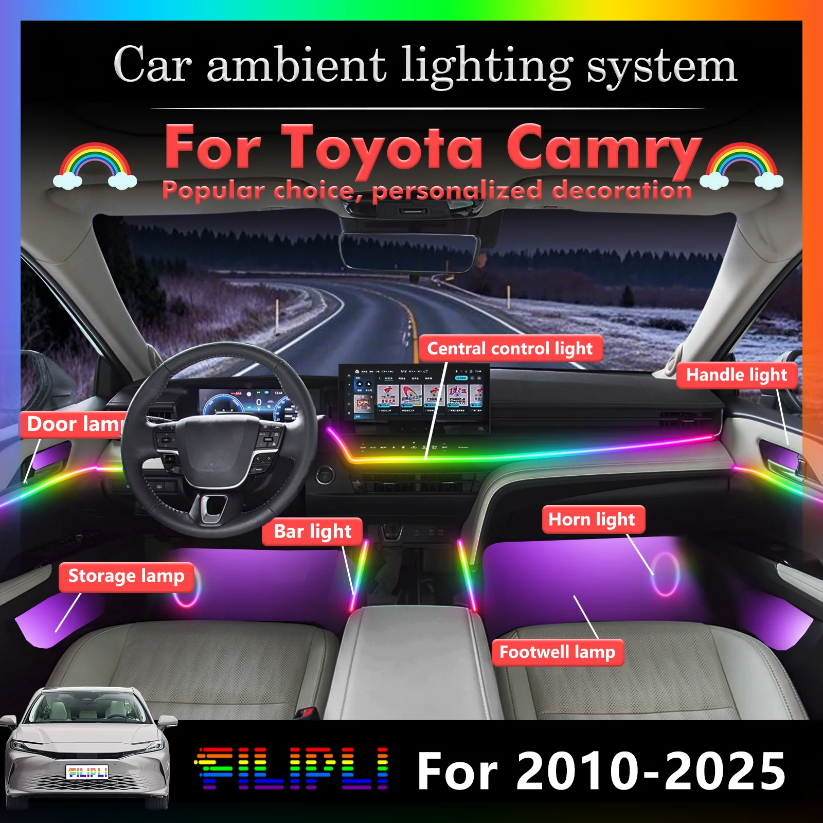 For Toyota Camry Ultra-slim Concealed Acrylic Car Interior Ambient Lighting Strips RGB Sound-activated APP Control