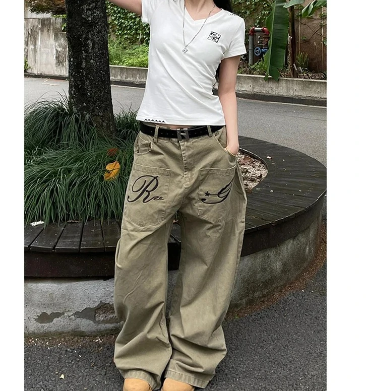 

Женские джинсы цвета хаки, модная винтажная уличная одежда в стиле хип-хоп, Y2K, широкие прямые джинсы, брюки с высокой талией, классические мешковатые джинсовые брюки