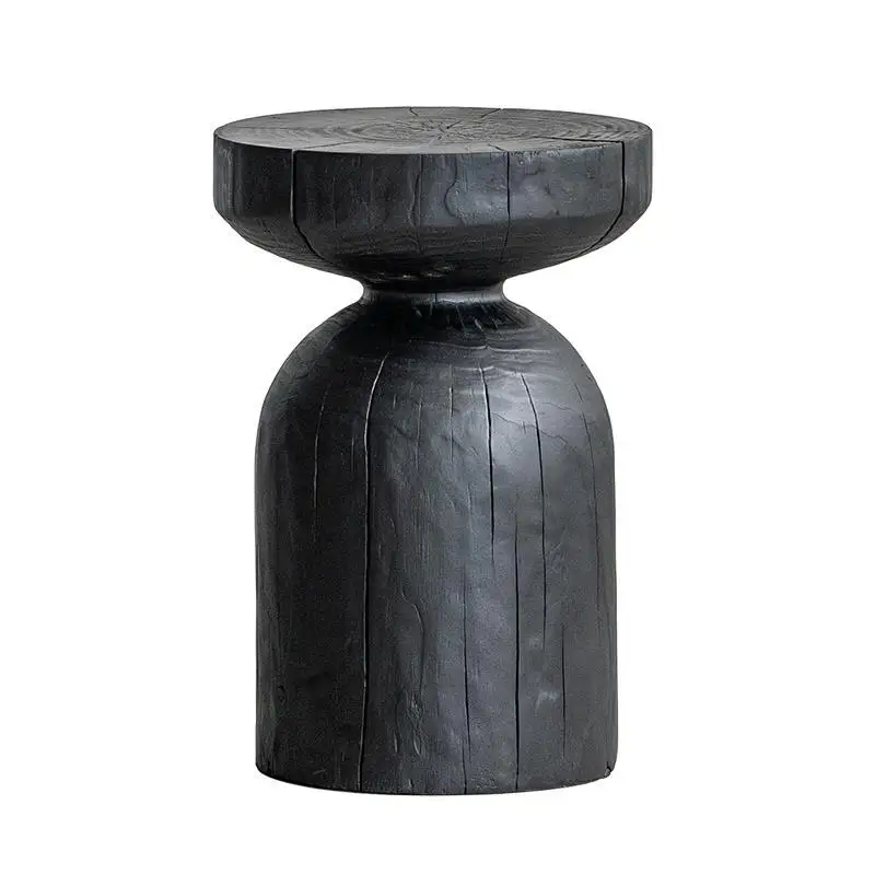 Wabi-sabi Style Carbonized Ottoman Black Solid Wood Pier Home Hotel Art Decoration Root Carving Creative Coffee Table Low Stool