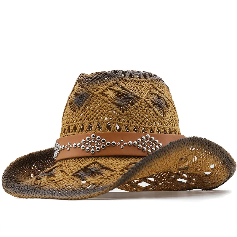 

New Hollow Out Men Straw Hat Western Cowboy Hat Beach Cap Solid Color Unisex Shading Hand Made Fashion Summer Hat