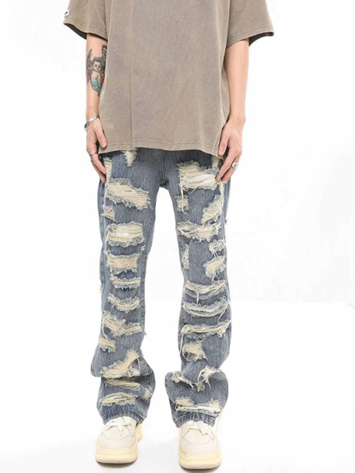 

American High Street Retro Heavy Du Ripped Patch Design Jeans Hip Hop Straight Leg Slim Fit Pants Youth Casual Wear