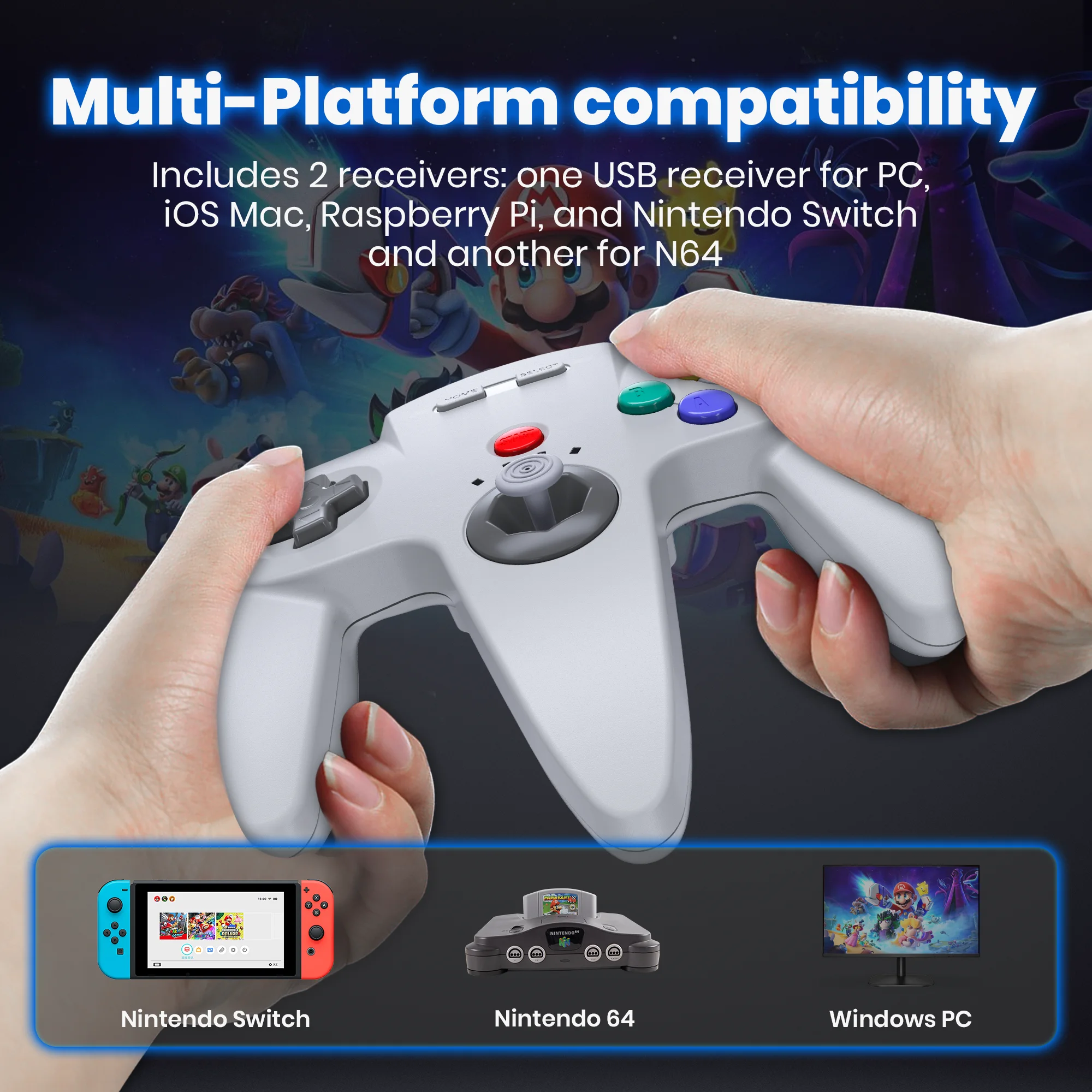 Nova versão controlador sem fio n64 de 2.4 ghz, rumble integrado, com adaptador usb e n64 para n64 switch switch 2 windows pc mac