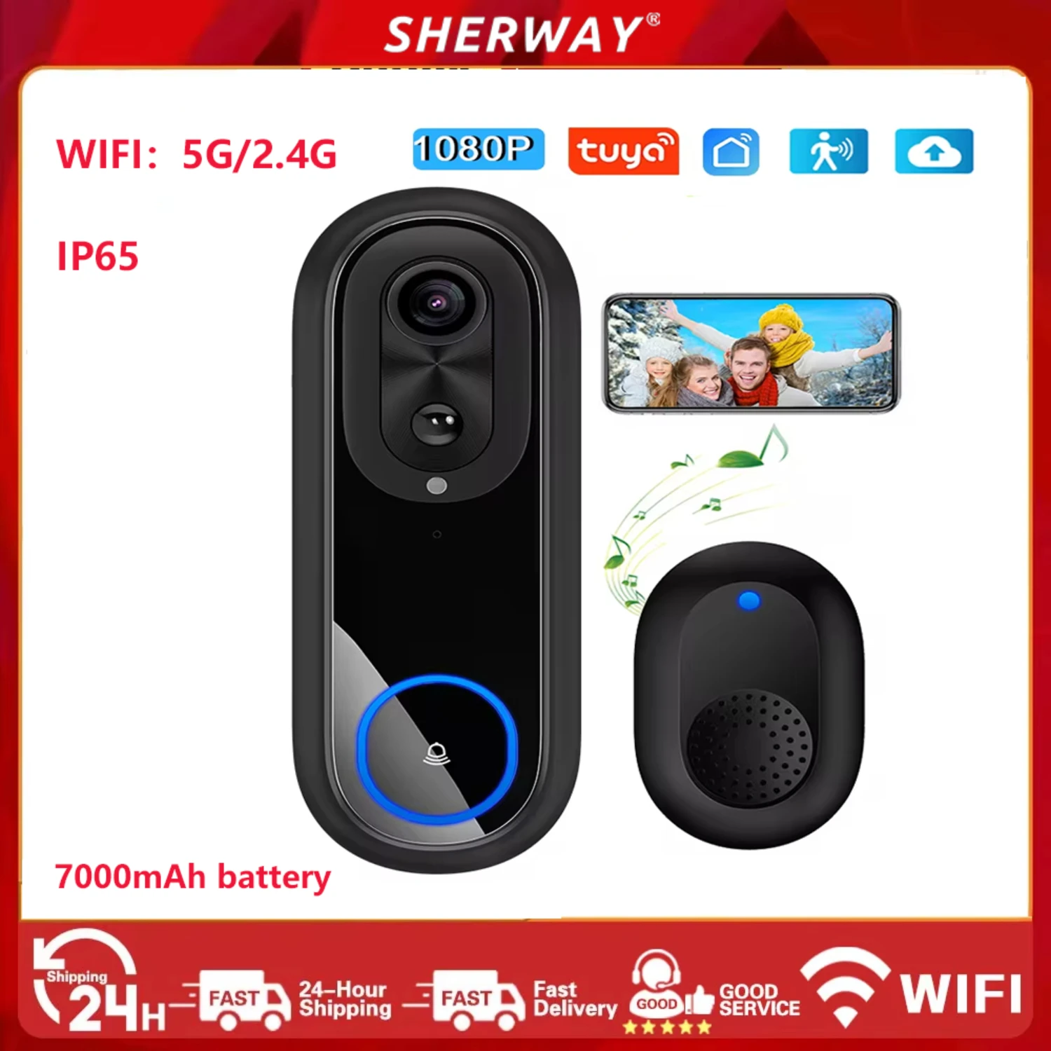 

Tuya APP 2.4G WiFi 1080P Visual Intelligent Intercom Doorbell IP65 Waterproof 7000mAh Battery Home Preferred