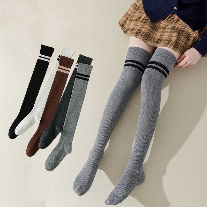 

312 New Autumn/Winter Long Tube Women's Socks 5A Antibacterial Stripe Pure Cotton Slim And High Tube Student Knee Comfort Socks