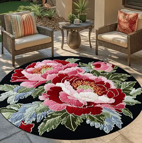 Embroidered Peony Flower Area Carpet Circular Non Slip Floor Mat Home Decor in Living Room Bedroom Kitchen Courtyard Dining Room