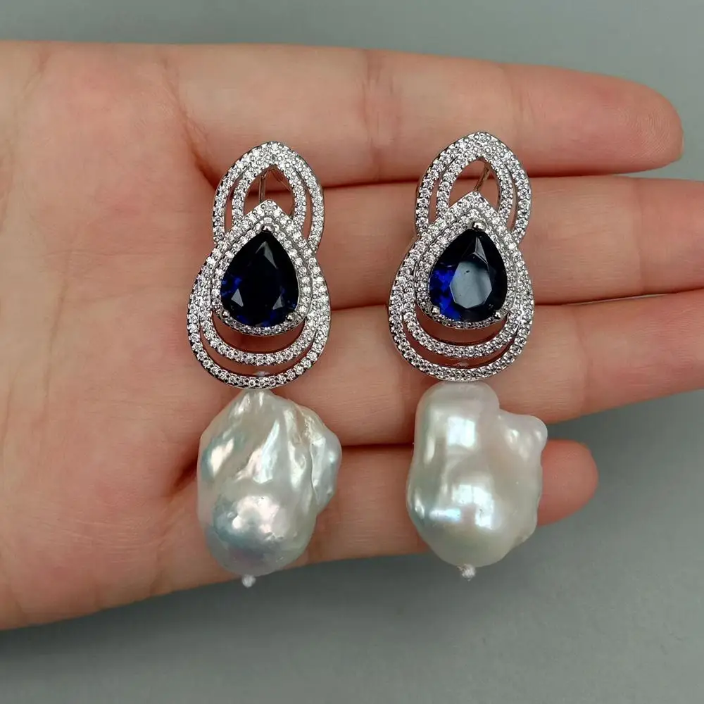 Y·YING Cultured White Keshi Pearl Blue Cz Pave Stud Drop Earrings Women Jewelry