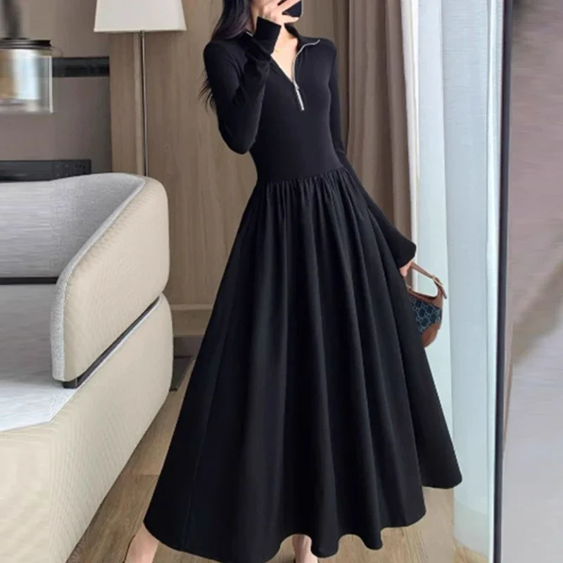 

Women Korean Fashion Polo Collar Half Zipper Elegant Party Dresses Autumn Black High Waist Long Sleeve Slim Basic Dress Vestidos
