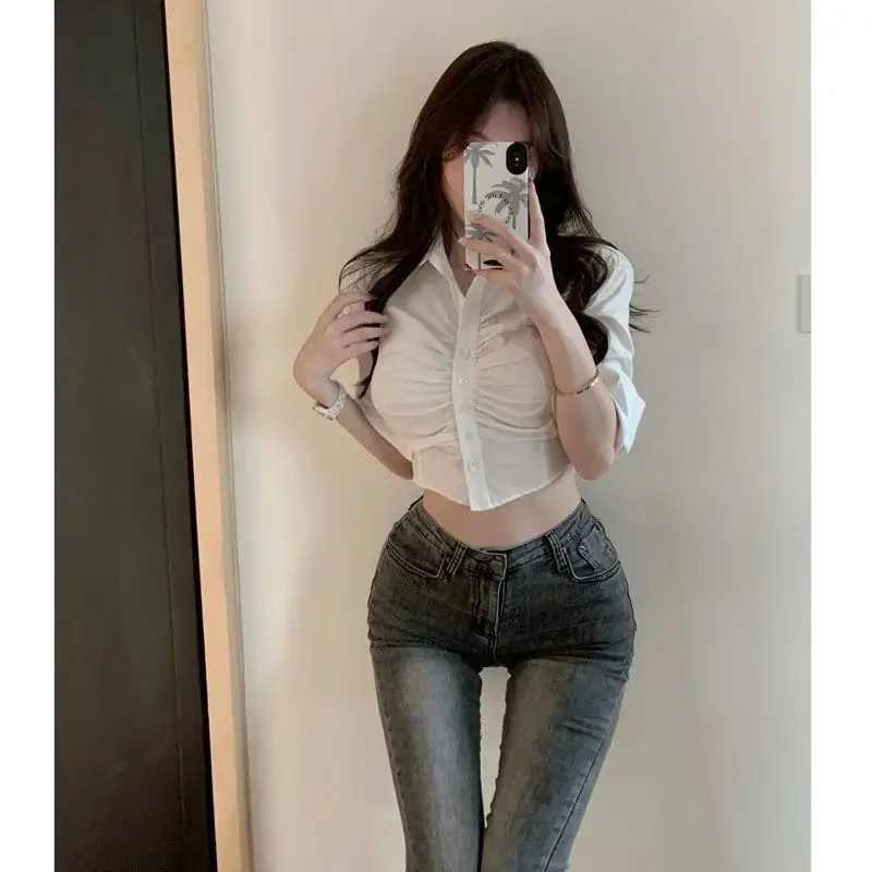 

Sexy Cropped Tops Fashion Blouses for Women Folds Tunic Long Sleeve Casual Shirts Korean New Y2K Blue White T-Shirts