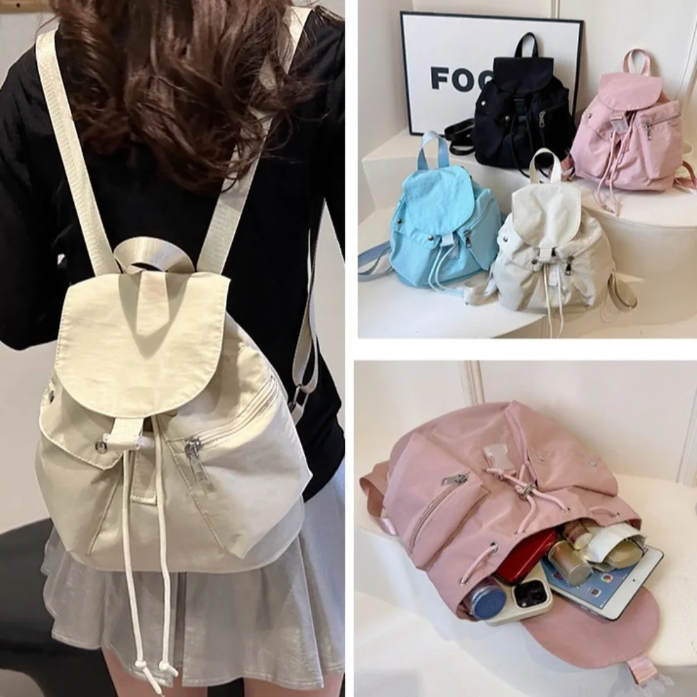 Portable Preppy Flap Backpack Solid Color Nylon Workwear Style Backpack Casual Soft Shoulder Bag Girls