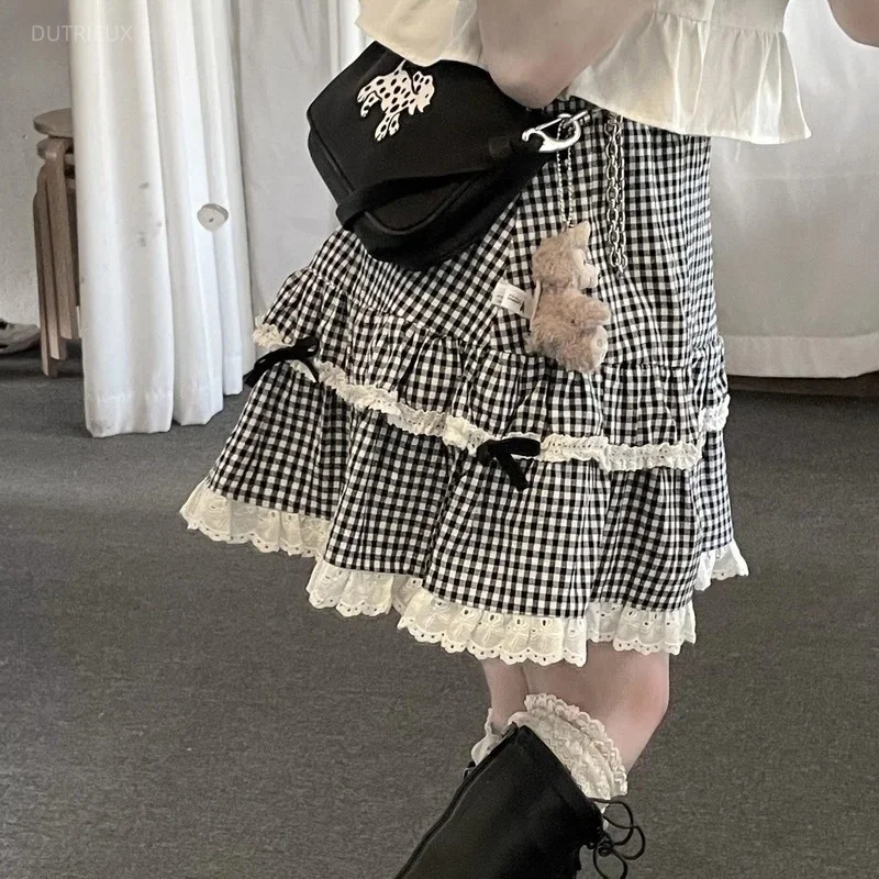 Kawaii Skirts Women Summer Plaid Lace Girl High Waist Ball Gown Elegant Japanese Style All-match Cute Mini Fashion Jupe