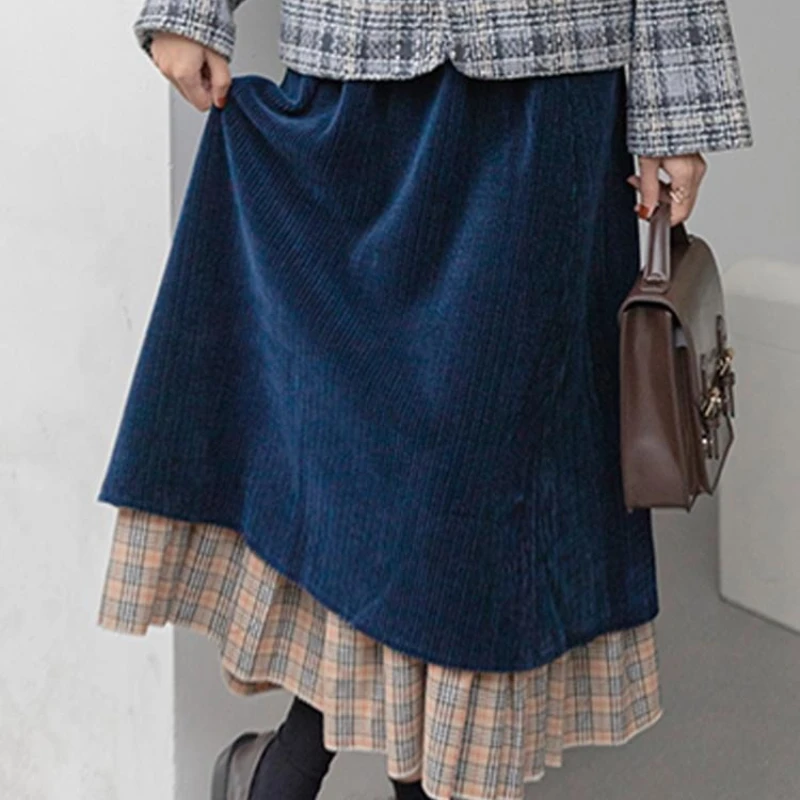 

Retro Corduroy A-shaped Skirt Women's Autumn and Winter New Design Sense Niche Plaid Skirt