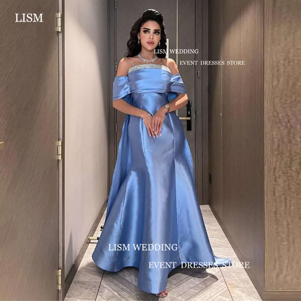 

LISM Saudi Arabic Glitter Evening Party Dresses Blue Satin Off The Shoulder Mermaid Prom Party Gowns For Women Custom Made 2024