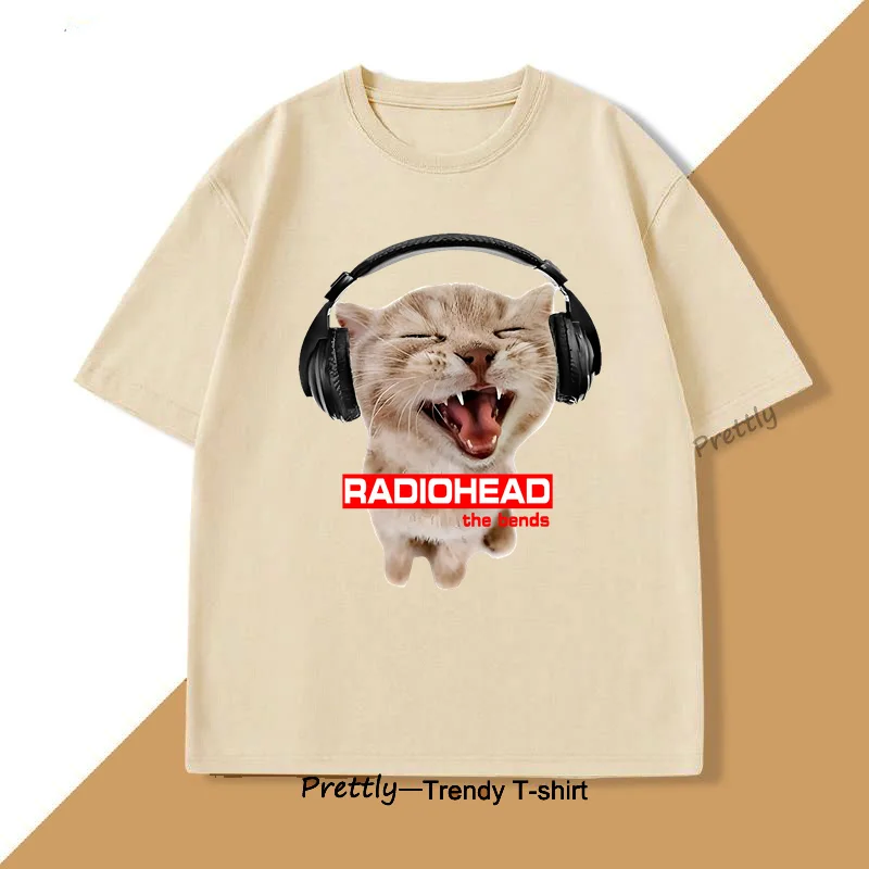 

Cat with Headphones Radiohead T-shirt Cute Cat Rock T Shirt Men Women Vintage Cotton Short Sleeve Round Neck Tshirt Streetwear