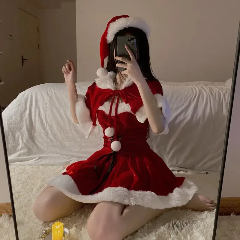 Vestido de xale vermelho cosplay para mulheres, Santa, Natal, fofo, kawaii, capa, roupa, feriado, festa, fêmea, outono, inverno