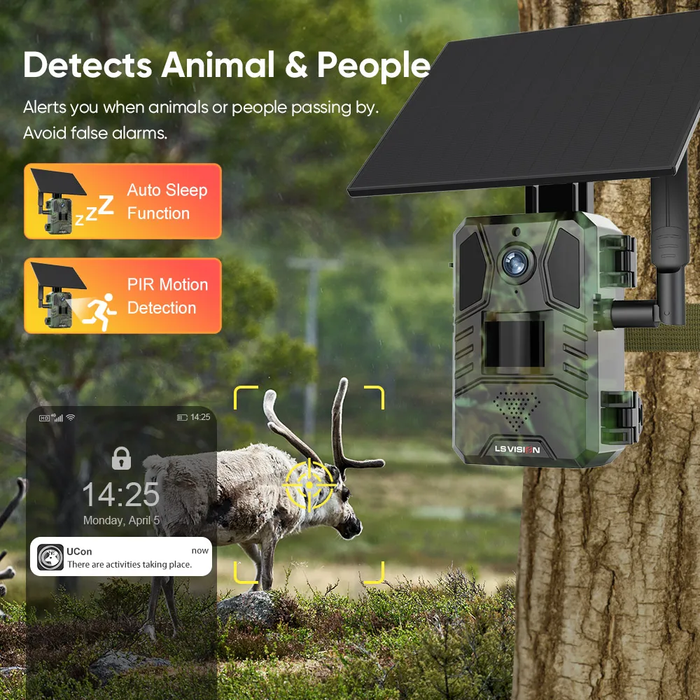 LS VISION 4G LTE Solar Hunting Trail Camera IP66 Waterproof 20M PIR Motion Detection 14MP Wildlife Camera IR Night Vision Cam