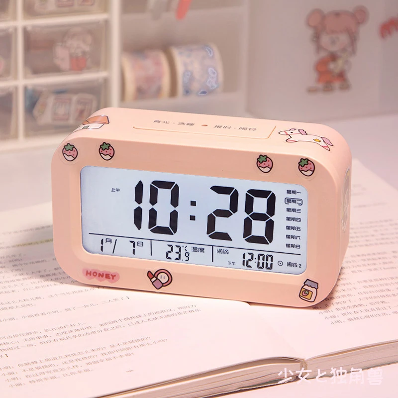 Kawaii Digital Alarm Clock Battery Glow Night Alarm Cute Clock Temperature Creative Nordic Pink Despertador Bedroom Decor Reloj