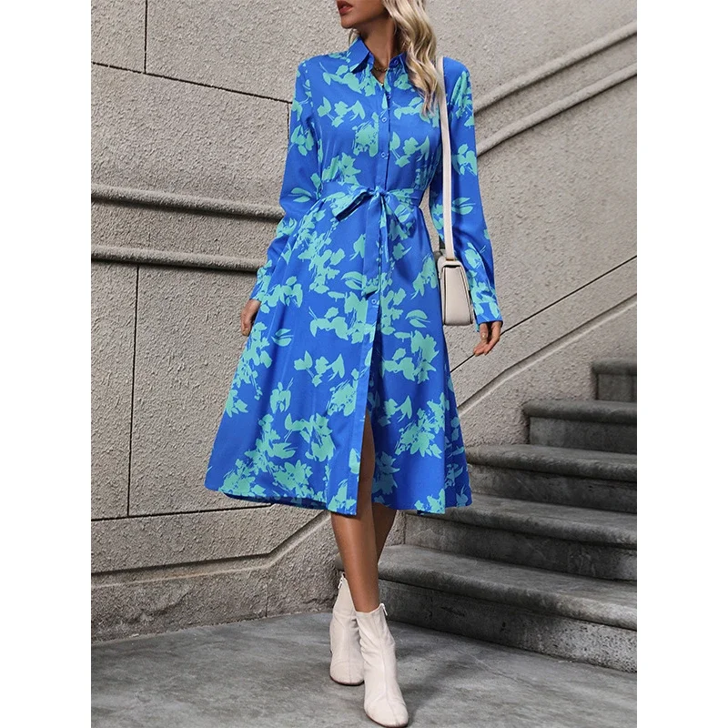 Krisnanas Casual Midi Dresses Fashion Women's Printed Split-Joint Tied Waist Long Sleeves Loose Lapel Shirt Dress Midi Dresses