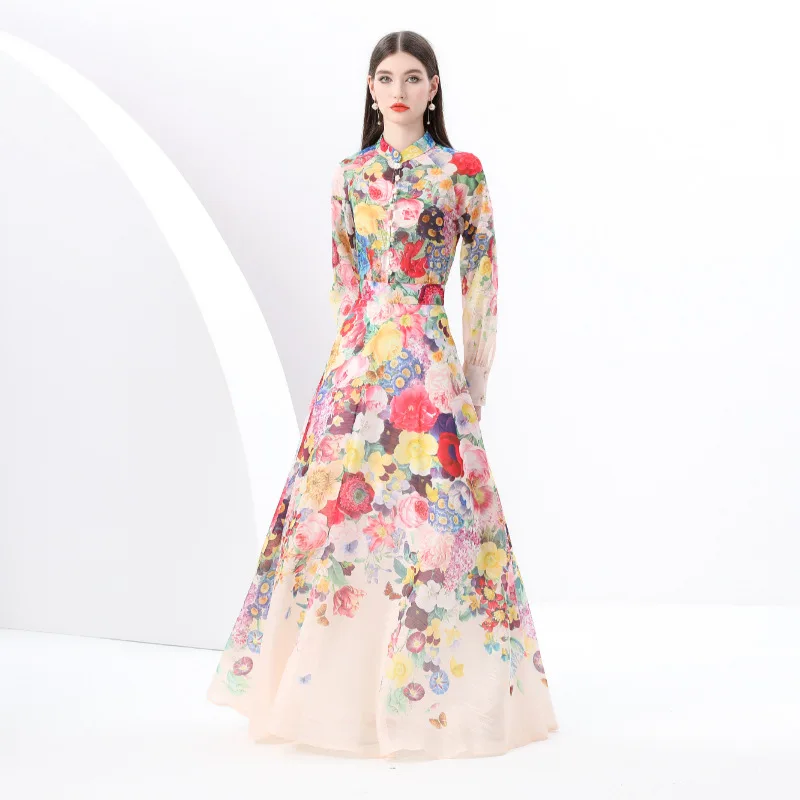 

2025 Early Spring New Women's Resort Style Stand Collar High-Waist Long Sleeve Flared Long Dress Retro Print Suit Dress A001