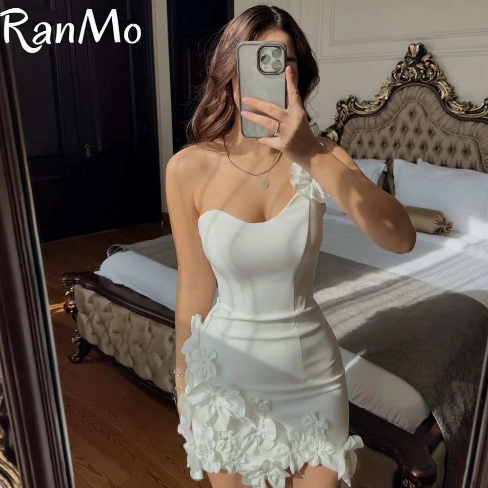 

Ranmo 2025 3D Applique A-Line Pleat Sleeveless Wedding Dresses Brides Prom Gown One Spaghetti Strap Mini Dreess Customize 2024