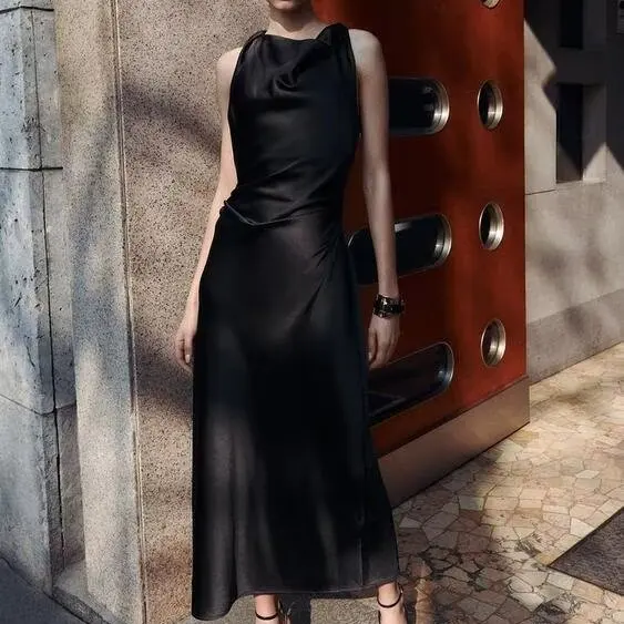 ZBZR Wiosenna Nowa Moda Dopasowana Spódnica Midi z Jedwabnej Satyny o Teksturze Dr Ele Sle Svel w Kształcie Litery A dla Kobiet Ci Commute