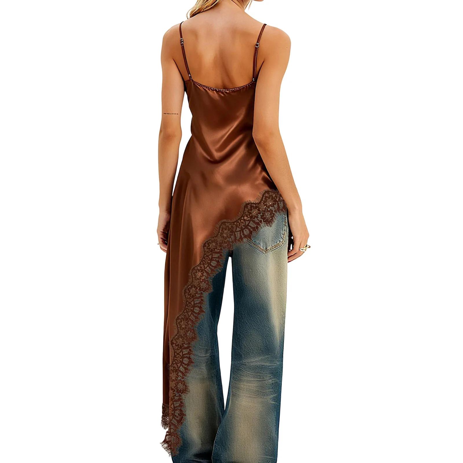 Camisetas de Verão Femininas com Renda, Sem Mangas, Costas Abertas, Decote em V, Comprimento Irregular, Estilo Y2K para Clubes e Rua