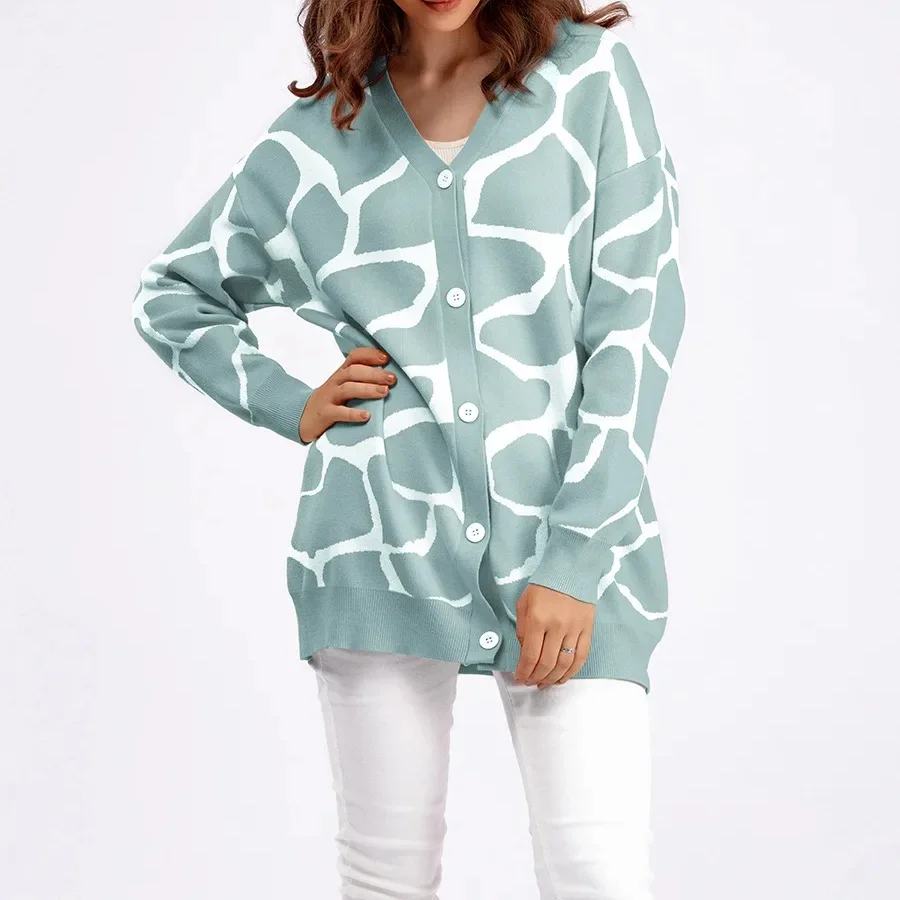 ผู้หญิงเสื้อสเวตเตอร์ถักเสื้อกันหนาวหลวม V คอพิมพ์เสื้อแขนยาวฤดูใบไม้ผลิสีชมพูเสื้อฤดูใบไม้ร่วงฤดูหนาว Elegant ถักเสื้อสเวตเตอร์ถัก