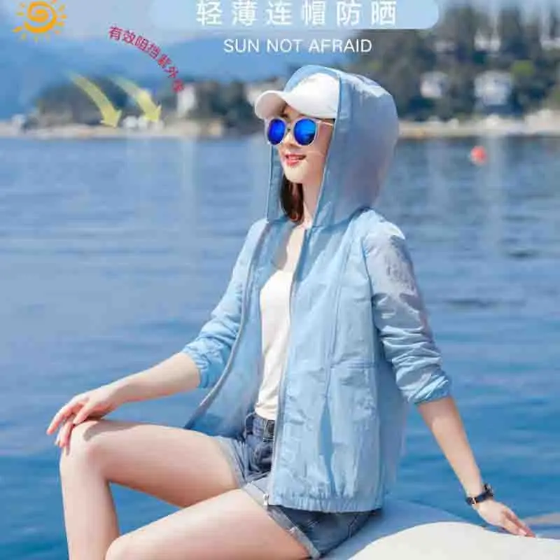 Female Loose Fit Hooded Long Sleeved Sunscreen Clothing Top Coat Women Summer Thin Breathable Ultraviolet-proof Sunscreen Jacket