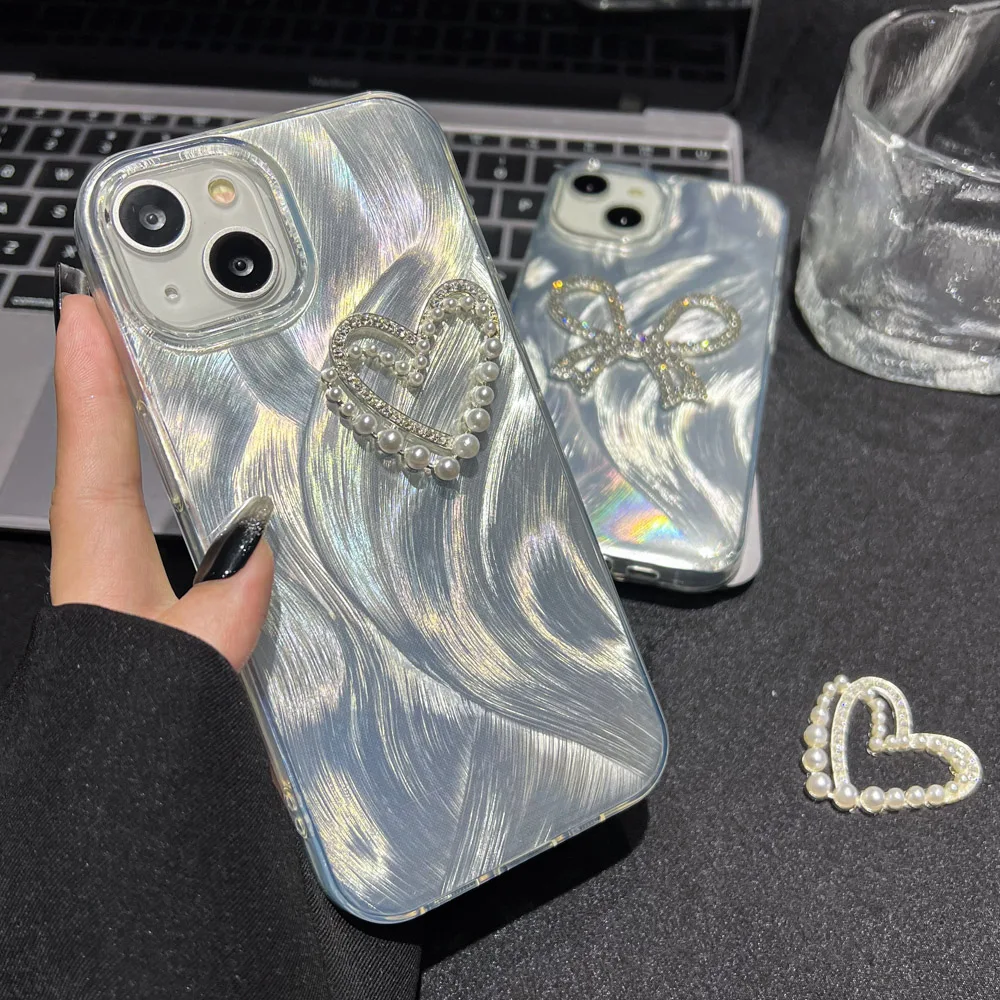 3D Pearl Love Heart Phone Case For iPhone 13 Case iPhone 15 16 Pro 11 12 14 Pro Max Plus Laser Silver Hang Chain Lanyard Cover