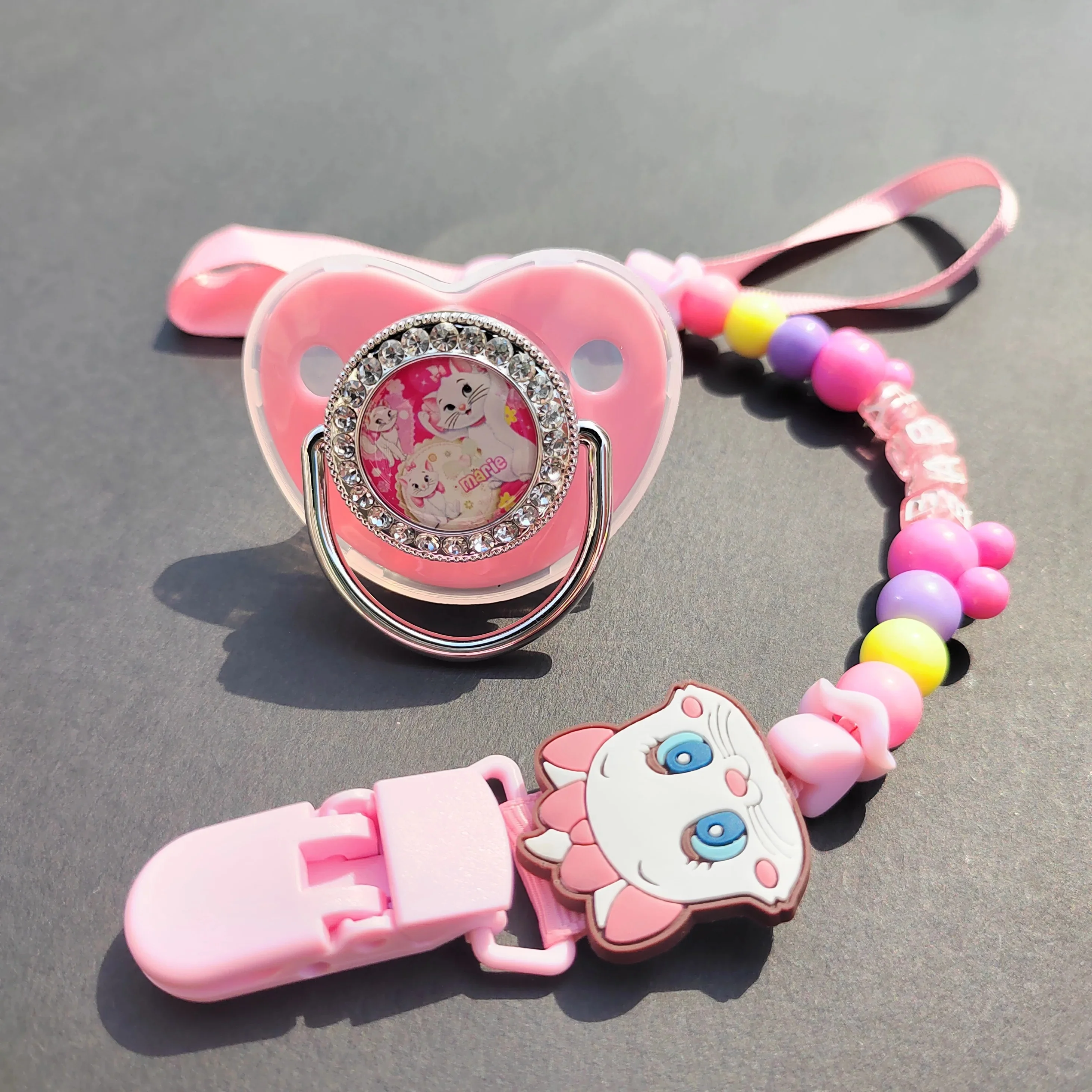 2024Kawaii Baby Personalized Pacifier Clip Pink Mary Cat Bling Luxury Pacifier holder Silicone newborn nipple Baby cleaning gift