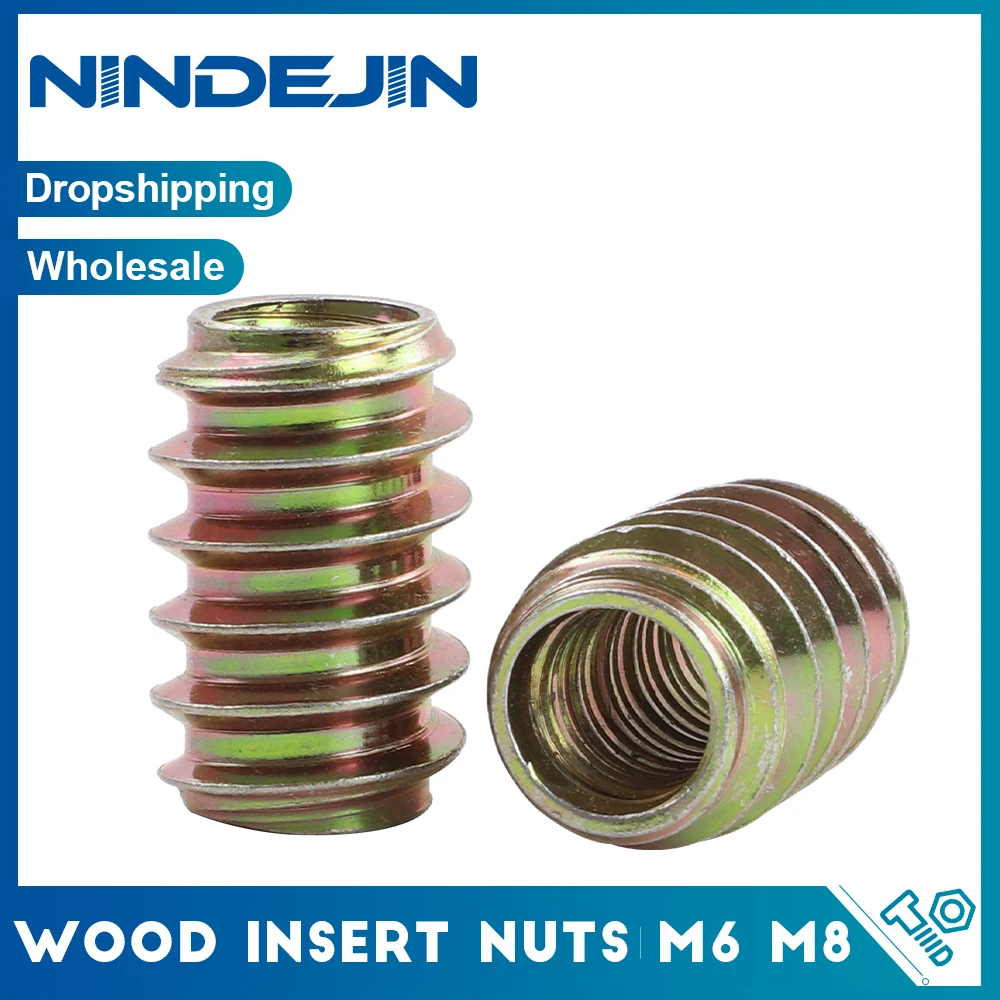 NINDEJIN 10-20pcs Wood Insert Nuts M6 M8 Zinc Plated Carbon Steel Furniture Pass Through Drive Unhead Threaded Nut Screw