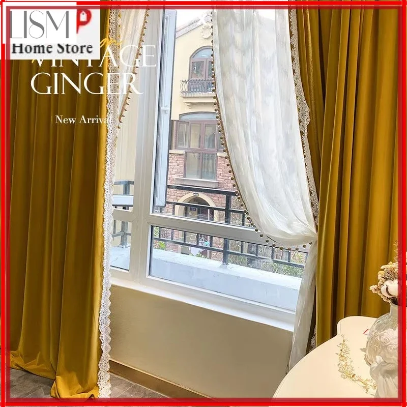 French Ginger Velvet Luxury Blackout Curtains For Living Room Bedroom Vintage Thick Fabric Flannel Fashion Lace Tulle Custom