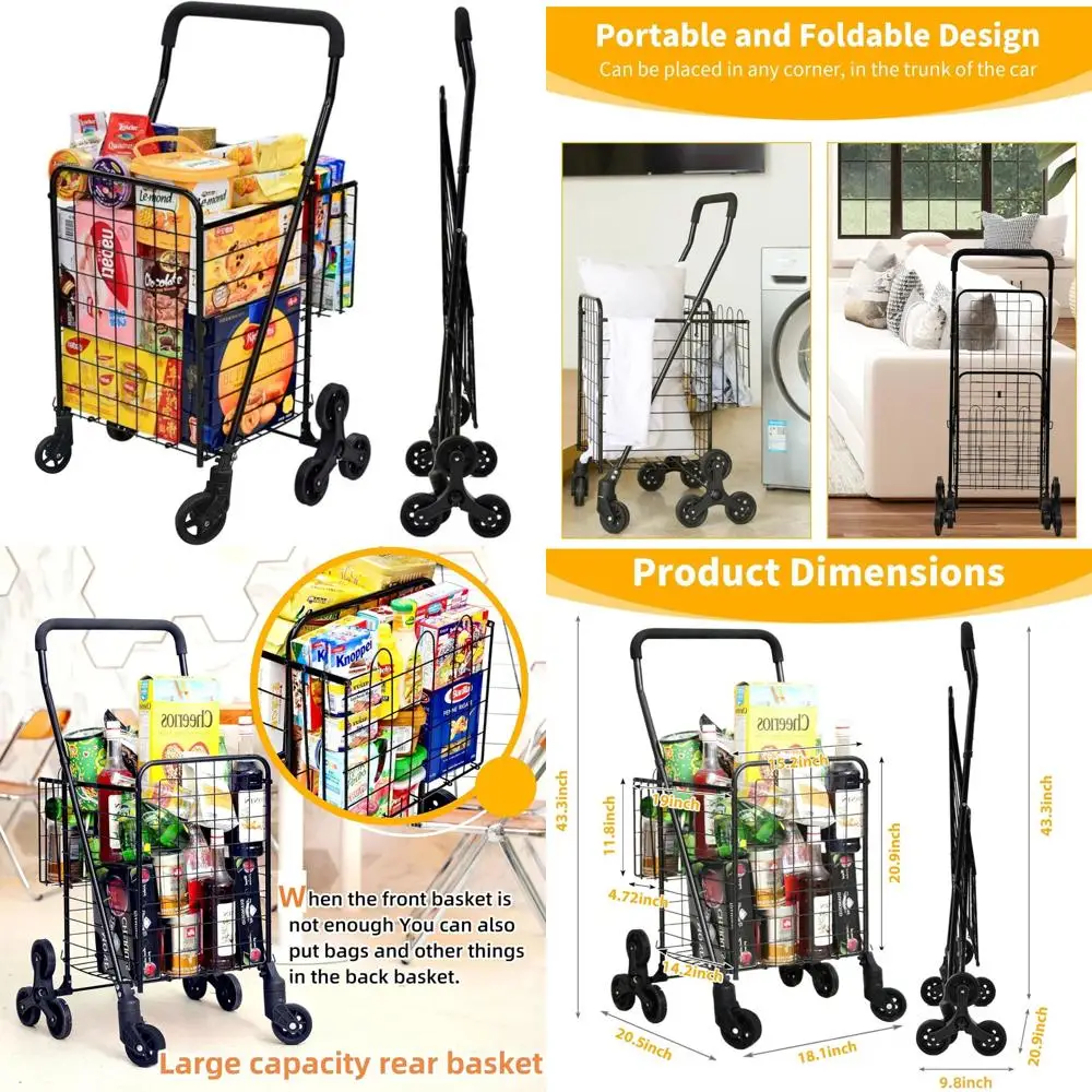 

Складной 360° ° Продуктовая тележка с поворотным колесом, возможностью скалолазания по лестнице и трехколесным дизайном, емкостью 66 фунтов