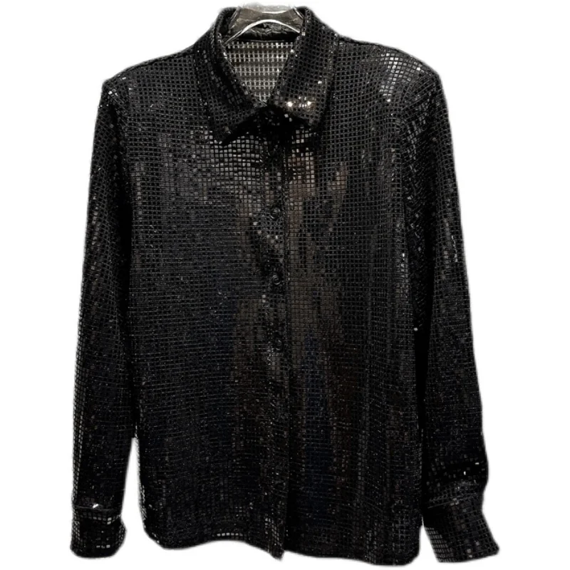 Ladies 2024 Spring Clothes New Fashion Hot Girl Sequined Long-Sleeved Shirt Loose Socialite Shoulder Pad Blouse Women's Top