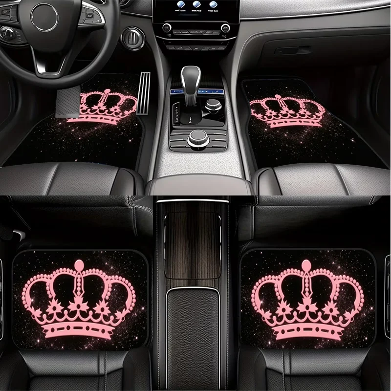4Pcs Luxurious Pink Crown and Starry Sky Print Stylish and Simple Car Floor Mats, Wear-Resistant and Stable, Durable and Long-Lasting, Suitable for All Seasons, Practical Car Interior Decoration Accessories, Ignite the Spirit of Speed, Enhance the Driving Experience and Elevate the Sense of Prestige