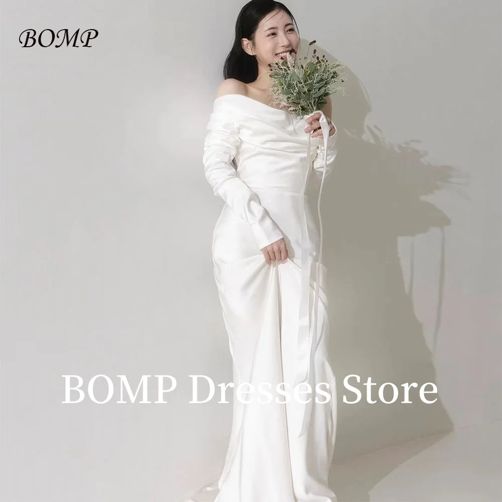 

BOMP Elegant Pleat Wedding Party Dress Sweetheart Off the Shoulder Button Full Sleeves Evening Gown Korea Photo Shoot Customized