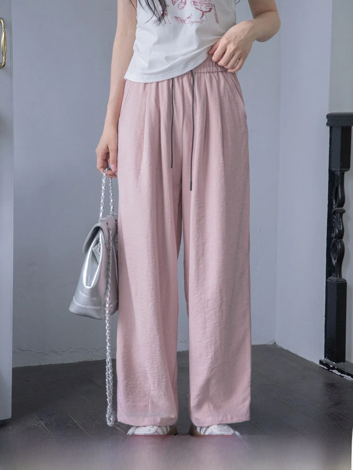 

Pink Drapey Elastic Waist Casual Pants Women's Straight Leg Summer New Versatile High Waist Straight Tube Trousers