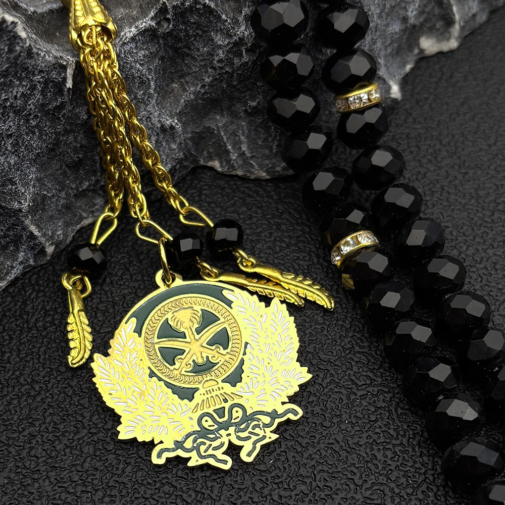 

Saudi Arabia Badge Flag National Emblem Symbol Pendant Necklace Stainless Steel Kingdom of Saudi Arabia Prayer Beads Jewelry