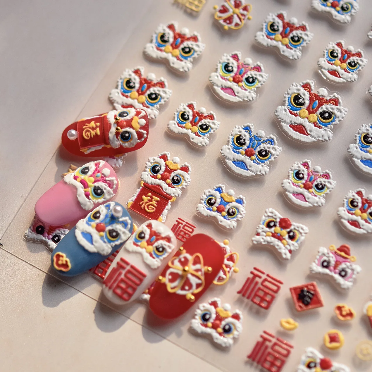 1Pcs Chinese New Year 2025 Nail Stickers 5D Reliefs Cute Good Luck Lion Head Self Adhesive Nail Art Stickers DIY Decoras Decals