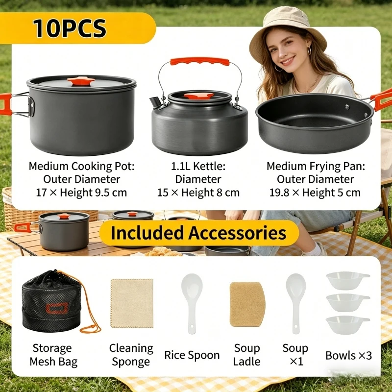 Juego de Utensilios de Cocina para Acampar, con Bolsa de Almacenamiento, Olla y Tetera de Aluminio Ultraligera, Vajilla Portátil para Senderismo y Picnic al Aire Libre