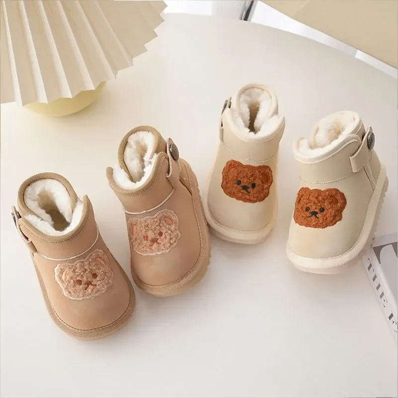 Children Shoes Girl's Bear Embroidery Warm Plush Winter Infant Boots Boy's Soft Sole Non-slip Toddler Shoes Size 17-28