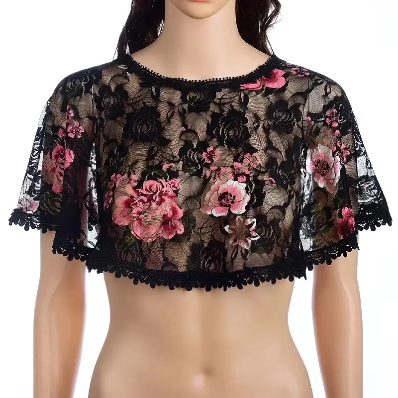 Korean Solid Color Rose Hollow Lace Transparent Sunscreen Shawl Women\'s Summer Sun Clothing Cheongsam Cape Jacket Blouse R26