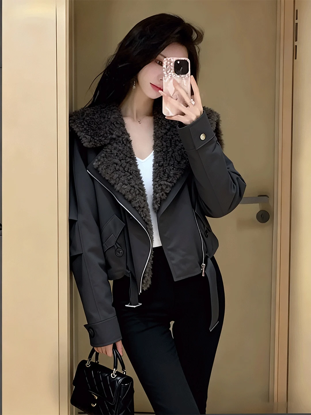 

Warm Cotton Jaet 2025 New Sle Commute Mid-Length Inteated Fce Cotton Coat with Large Fur Collar for Women