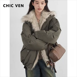 CHIC VEN Korean Women Down Coats Faux Fur Collar Loose Casual Hooded 90 White Duck Down Female Down Jacket Autumn Winter 2025
