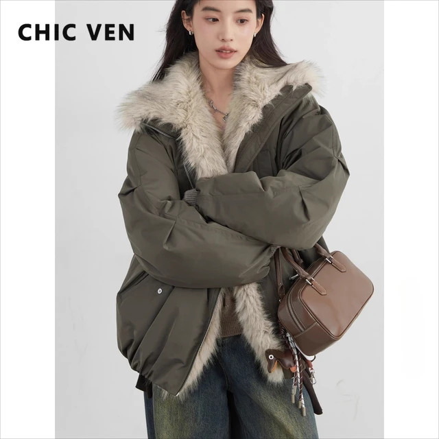 CHIC VEN Korean Women Down Coats Faux Fur Collar Loose Casual Hooded 90 White Duck Down Female Down Jacket Jesień Zima 2025