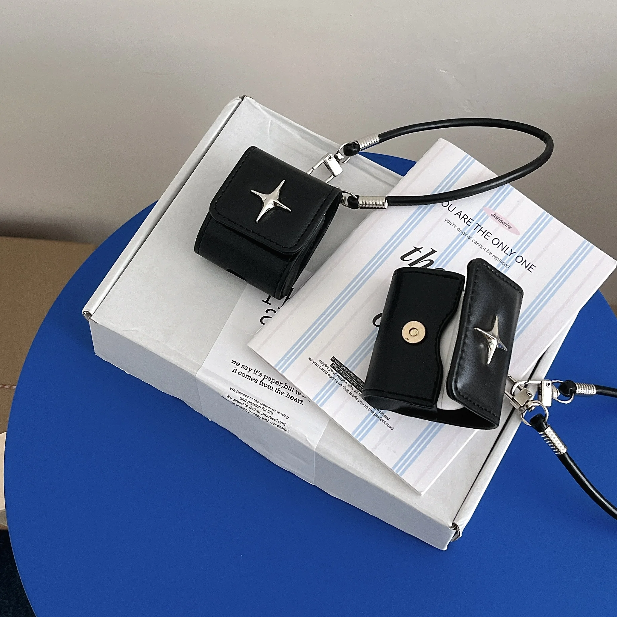 Stylish Luxury Metal North Star Faux Leather Shockproof Protective Cover Case For AirPods 1 2 3 4 Pro 2 Pro 3 with Lanyard view 2