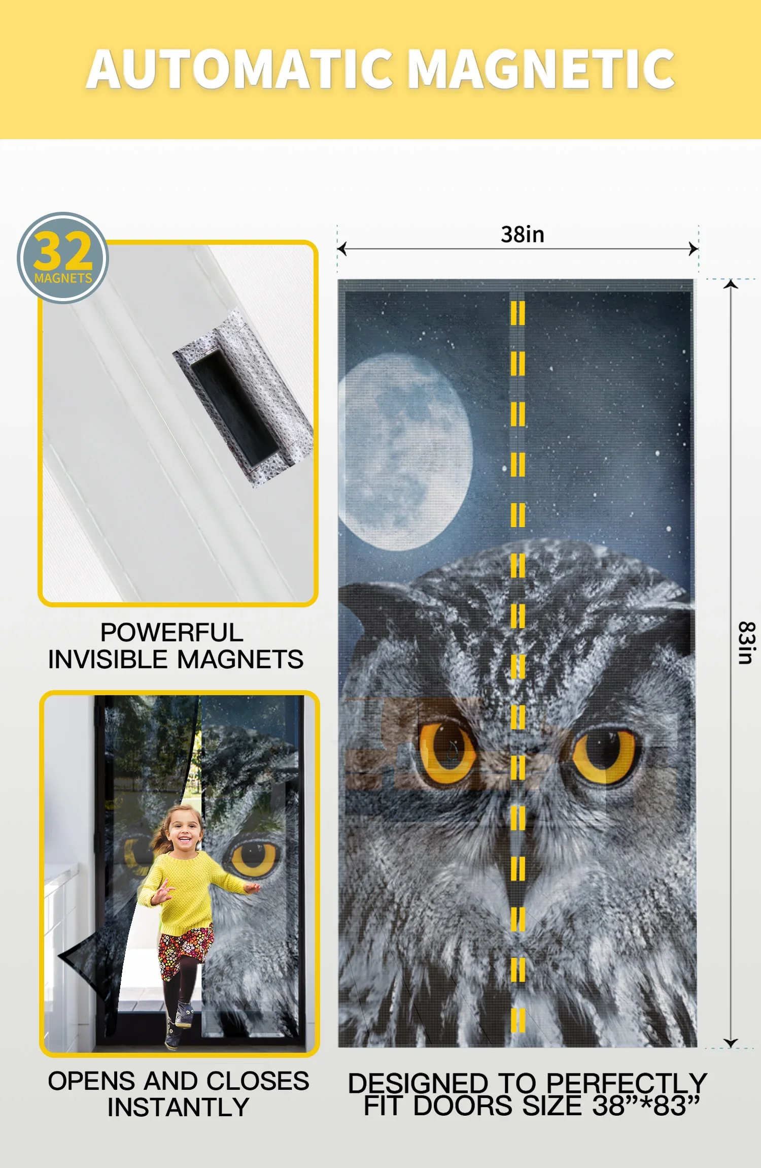 Owl Animal Moon Summer Magnetic Screen Door Curtains Mosquito Net Door Curtain for Bedroom Kitchen Door Screens